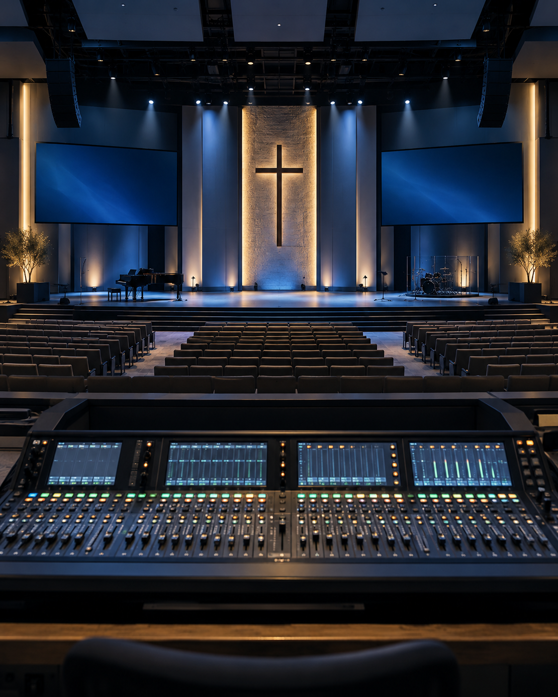 Illustrative church sanctuary with worship lighting and an audio mixing console